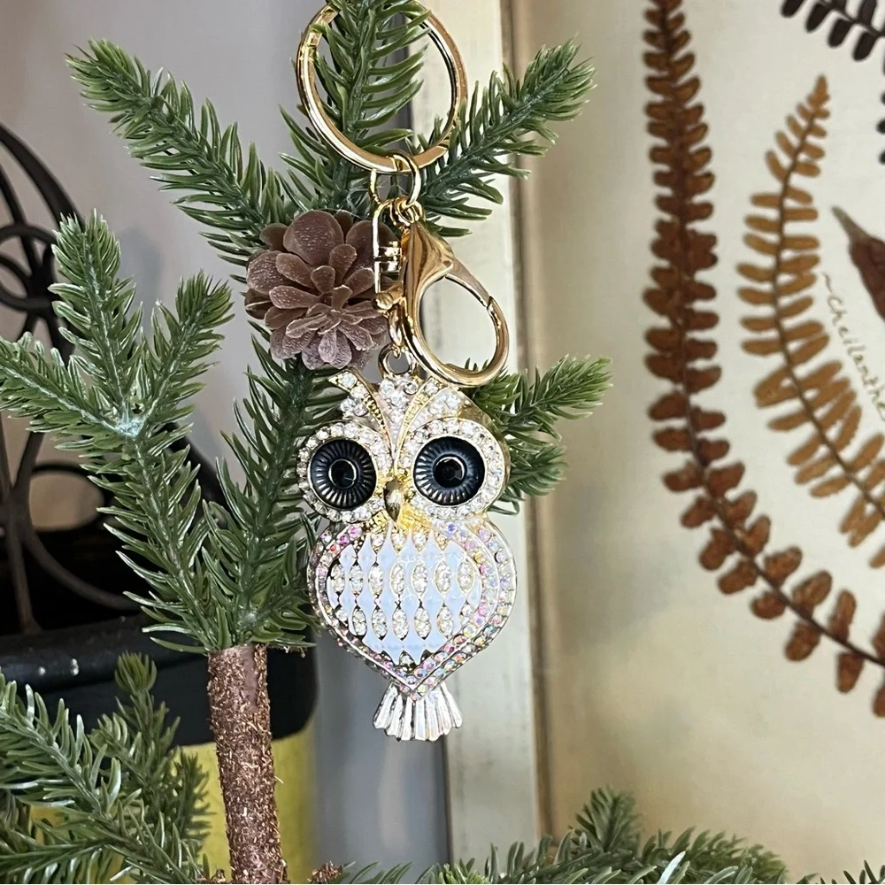 Metal Owl Keychain, Clear Rhinestone Backpack Accessory Pendant, Keychain